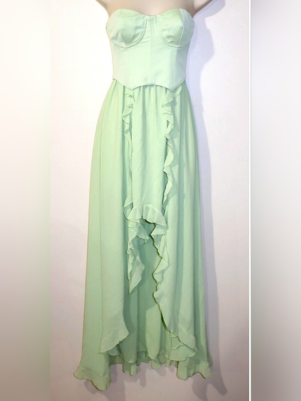 **NWT** One Piece Corset Bandeau Ruffle High Low Hem Maxi Dress Pistachio Size12
